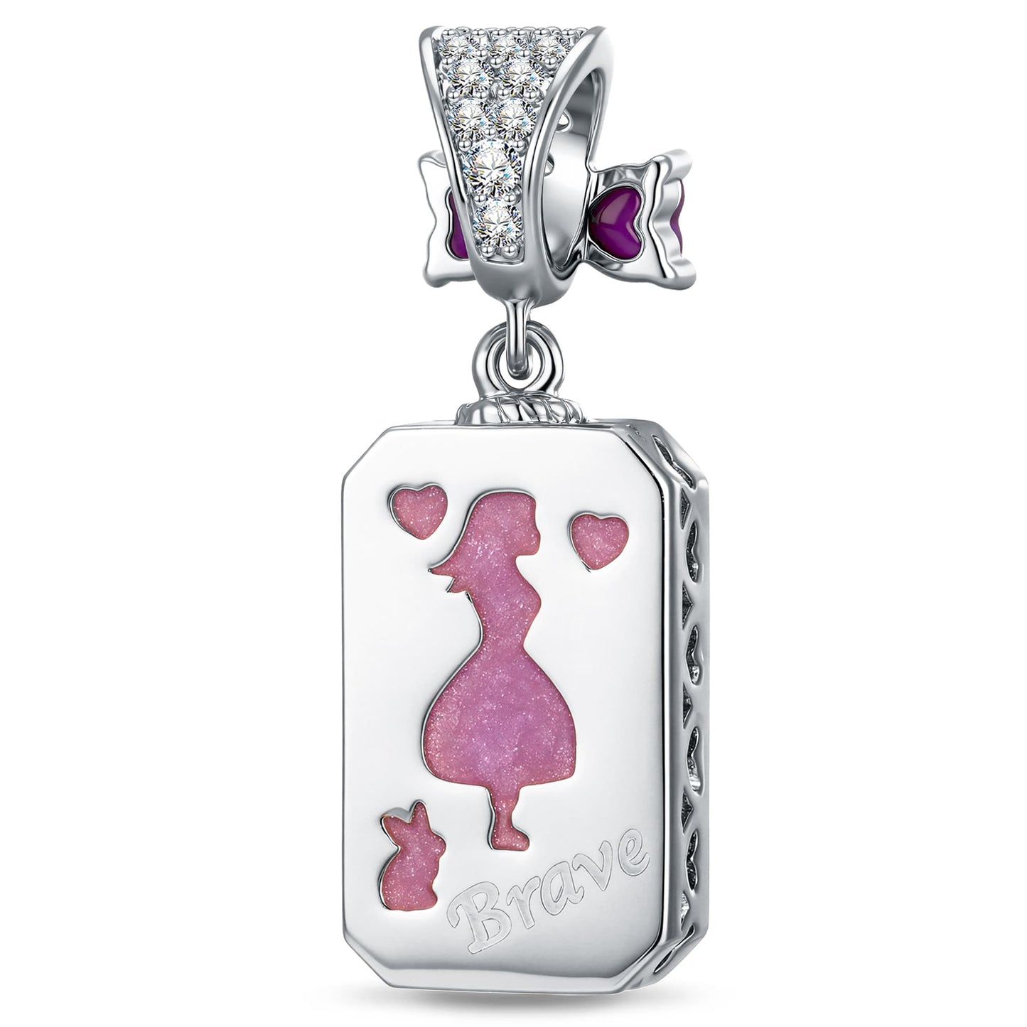 Baguette Purple Crystal Bow Dangle Charm Tarnish-Resistant Silver In White Gold Plated