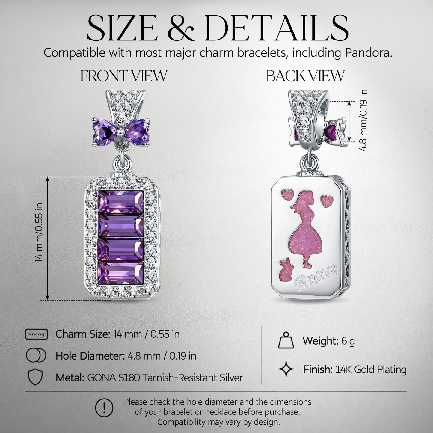 Baguette Purple Bow Dangle Charm Tarnish-Resistant Silver In White Gold Plated - Created with Swarovski® Crystals