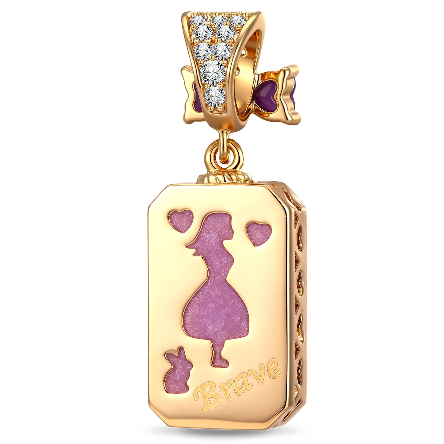 Baguette Purple Crystal Bow Dangle Charm Tarnish-Resistant Silver In 14K Gold Plated