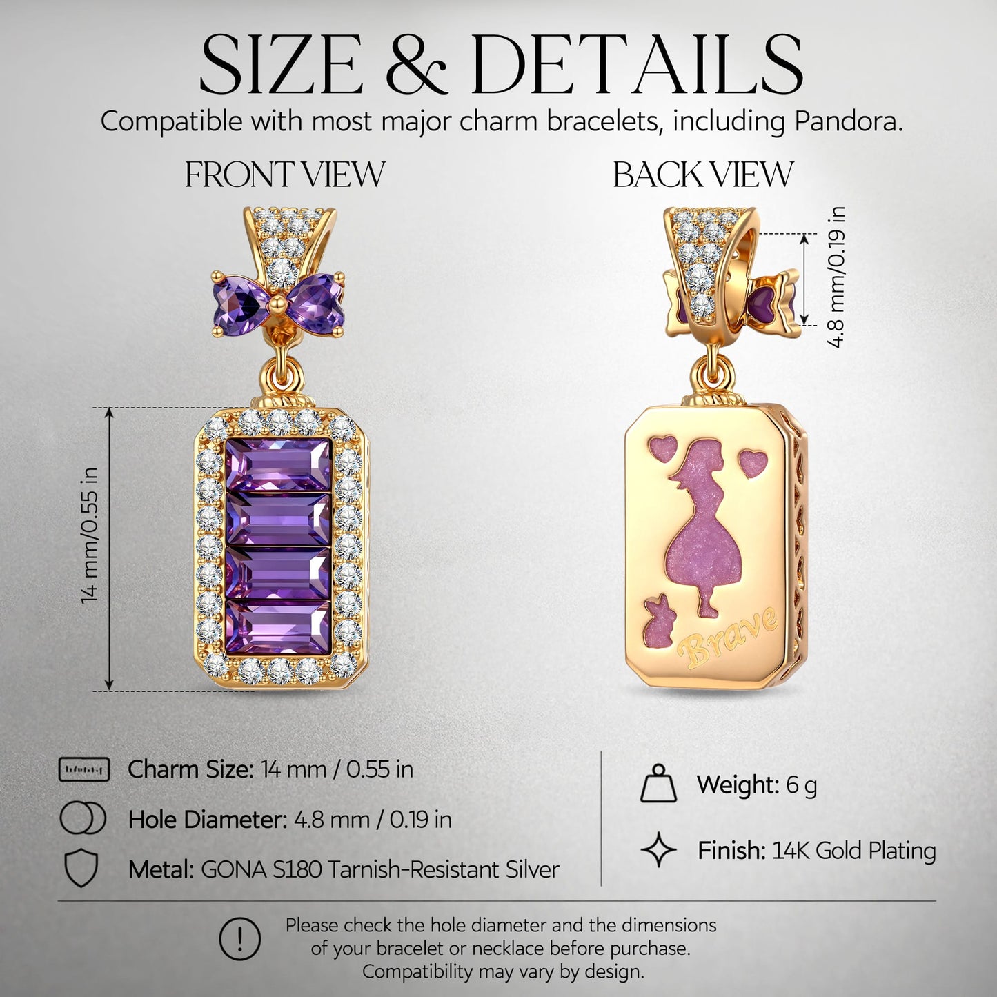 Baguette Purple Bow Dangle Charm Tarnish-Resistant Silver In 14K Gold Plated - Created with Swarovski® Crystals