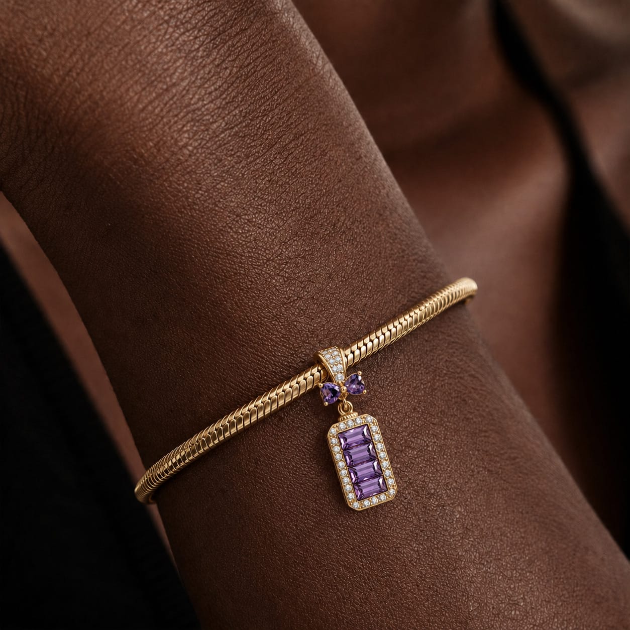 Baguette Purple Bow Dangle Charm Tarnish-Resistant Silver In 14K Gold Plated - Created with Swarovski® Crystals