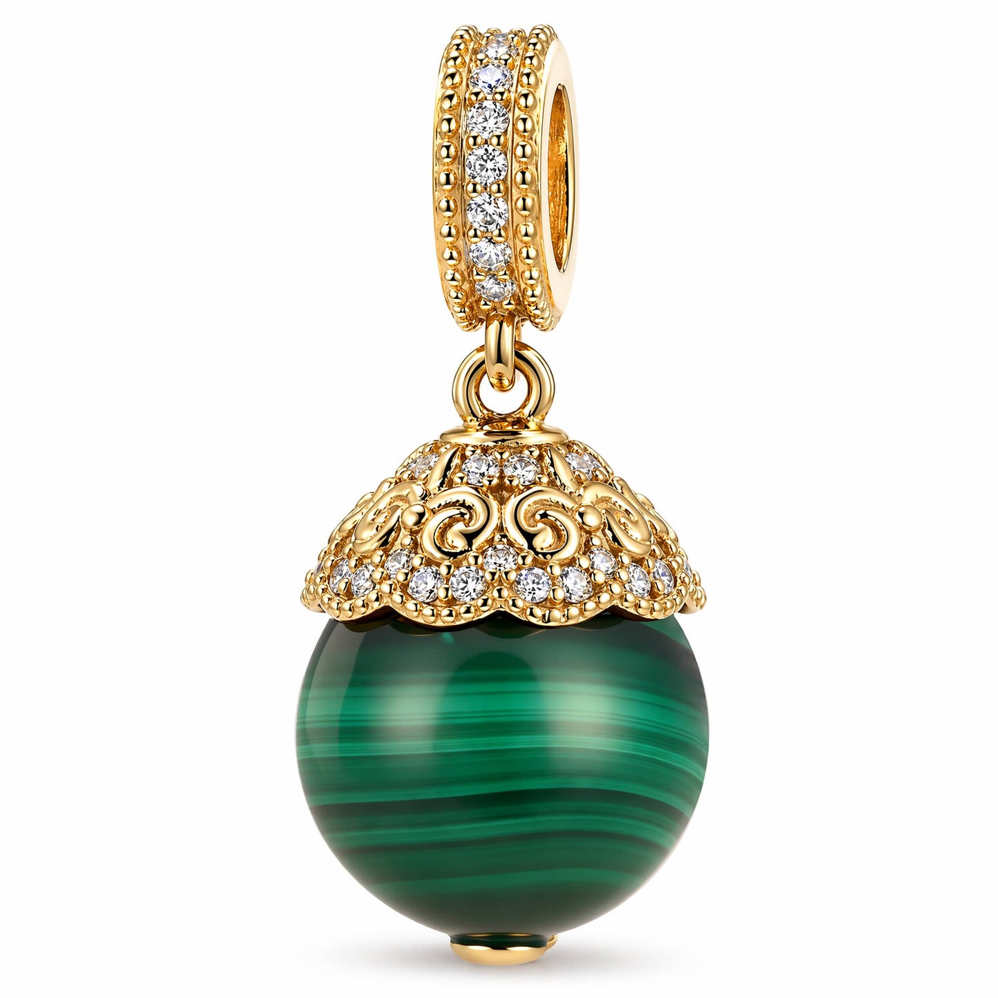 Natural Malachite Tarnish-Resistant Silver Dangle Charm In 14K Gold Plated