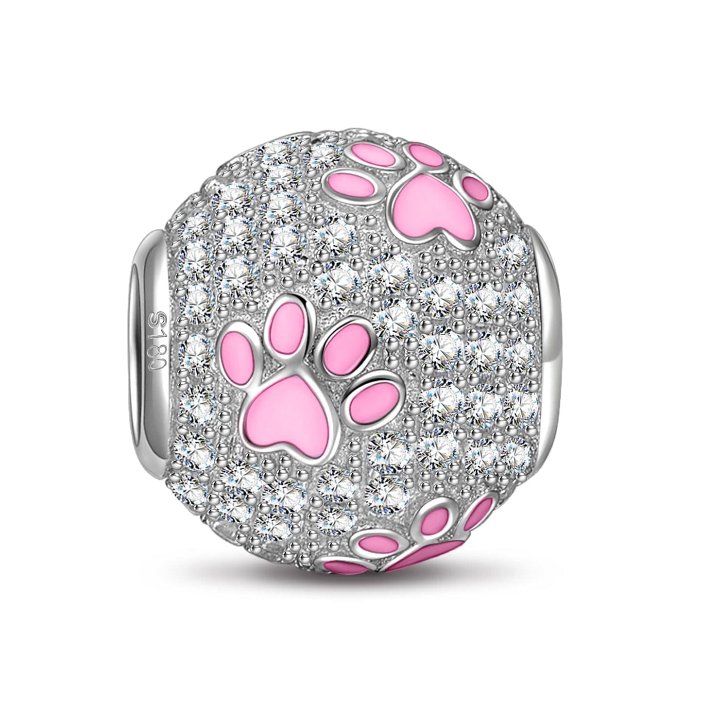 Cute Pink Paws Tarnish-resistant Silver Charms With Enamel In White Gold Plated