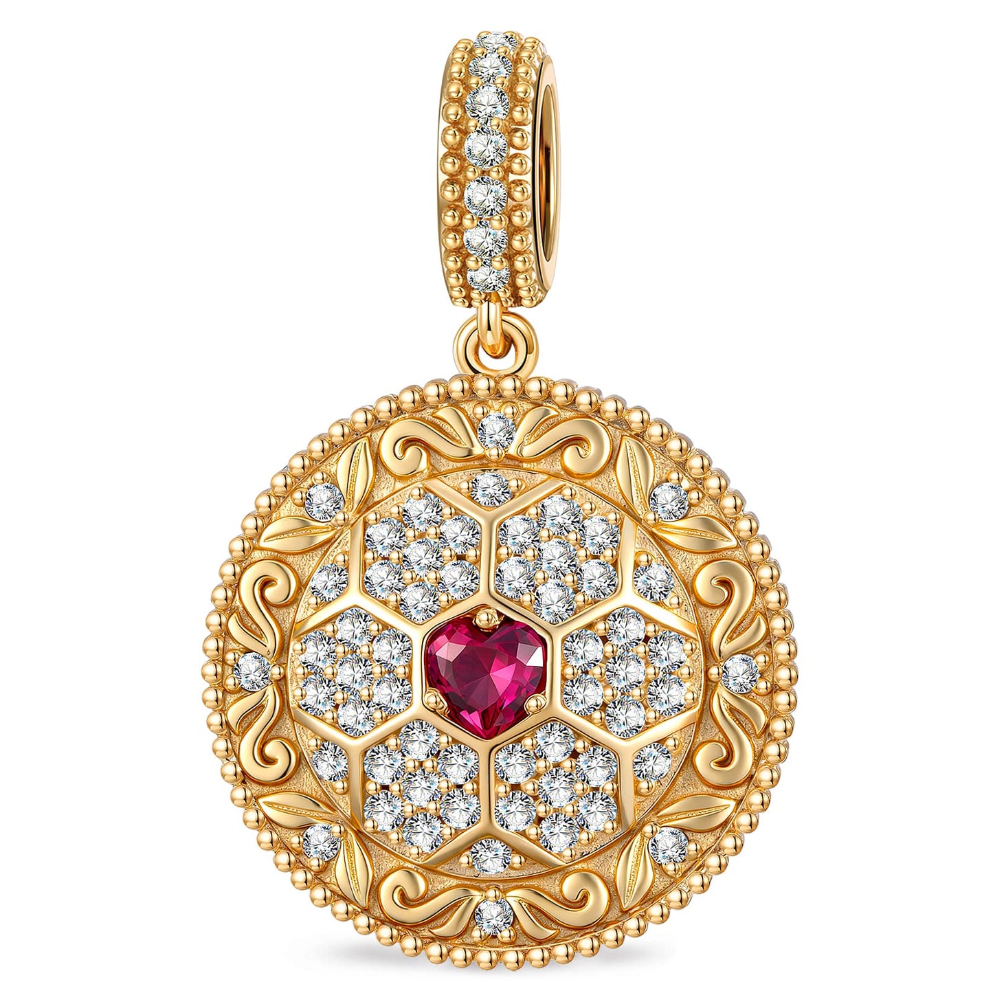 2026 Global Soccer Championship Lab-Created Ruby Heart Dangle Charm in Tarnish-Resistant Silver with 14K Gold Plating