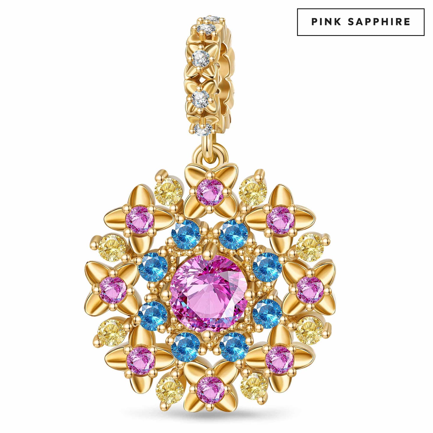 Mandala Dangle Charm with Hot Pink Sapphire Vintage Multicolor Gemstone Accents · 14K Gold-Plated Tarnish-Resistant Silver