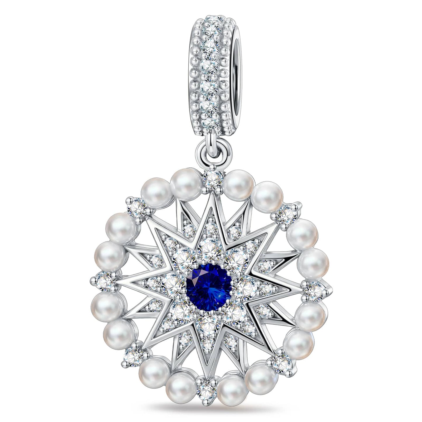 Ocean Mermaid Lab-Created Sapphire & Pearl Dangle Charm in Tarnish-Resistant Silver with White Gold Plating