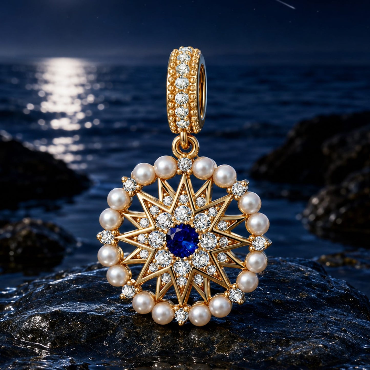 Ocean Mermaid Lab-Created Sapphire & Pearl Dangle Charm in Tarnish-Resistant Silver with 14K Gold Plating