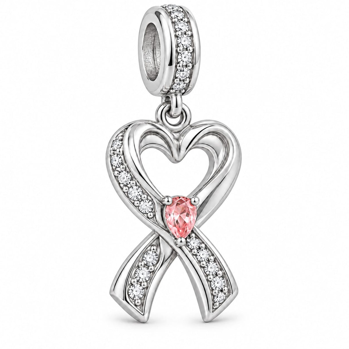 Breast Cancer Awareness Double-Sided Pink Ribbon Heart Dangle Charm with Lab-Grown Pink Sapphire & Engravable Pink Enamel Back in Tarnish-Resistant Silver