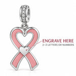 Breast Cancer Awareness Double-Sided Pink Ribbon Heart Dangle Charm with Lab-Grown Pink Sapphire & Engravable Pink Enamel Back in Tarnish-Resistant Silver