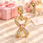Breast Cancer Awareness Double-Sided Pink Ribbon Heart Dangle Charm with Lab-Grown Pink Sapphire & Engravable Pink Enamel Back in Tarnish-Resistant Silver