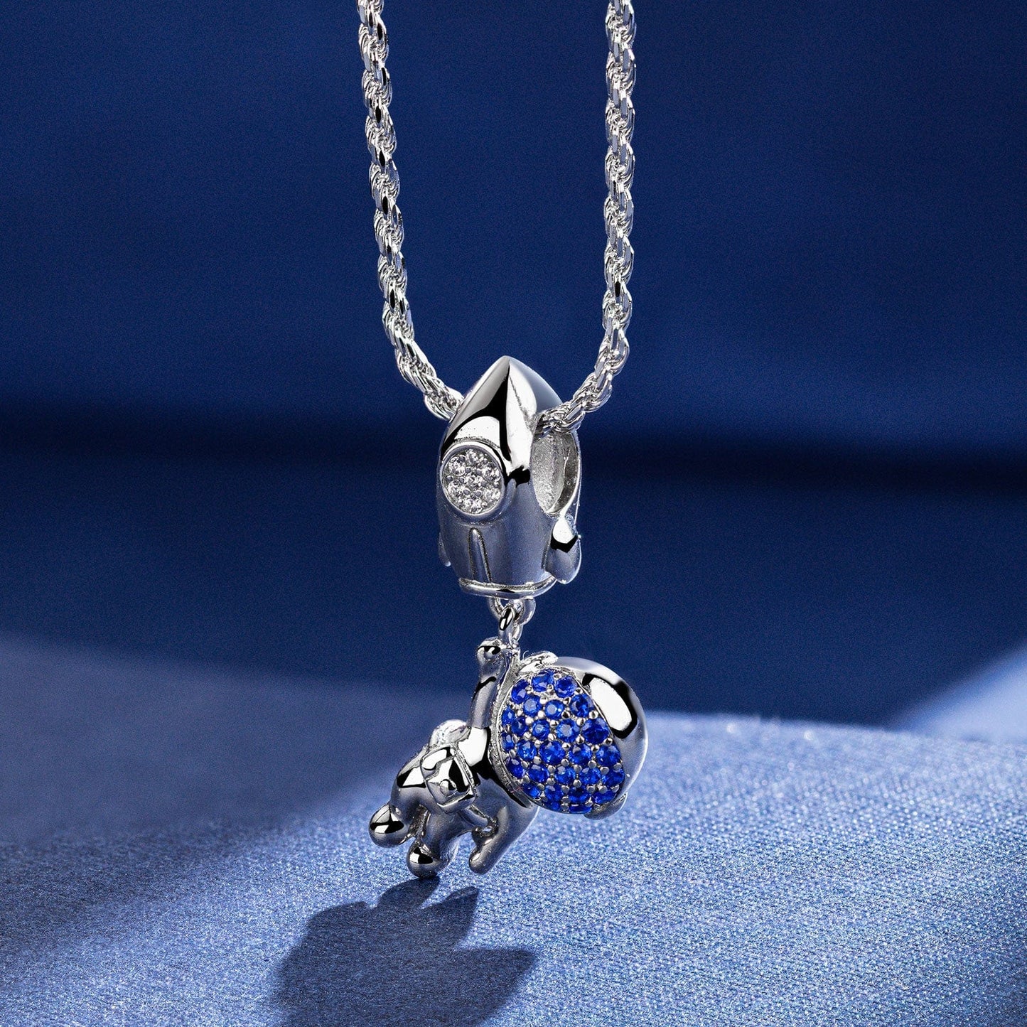 Sterling Silver Astronauts And Rockets Charms With Enamel In White Gold Plated