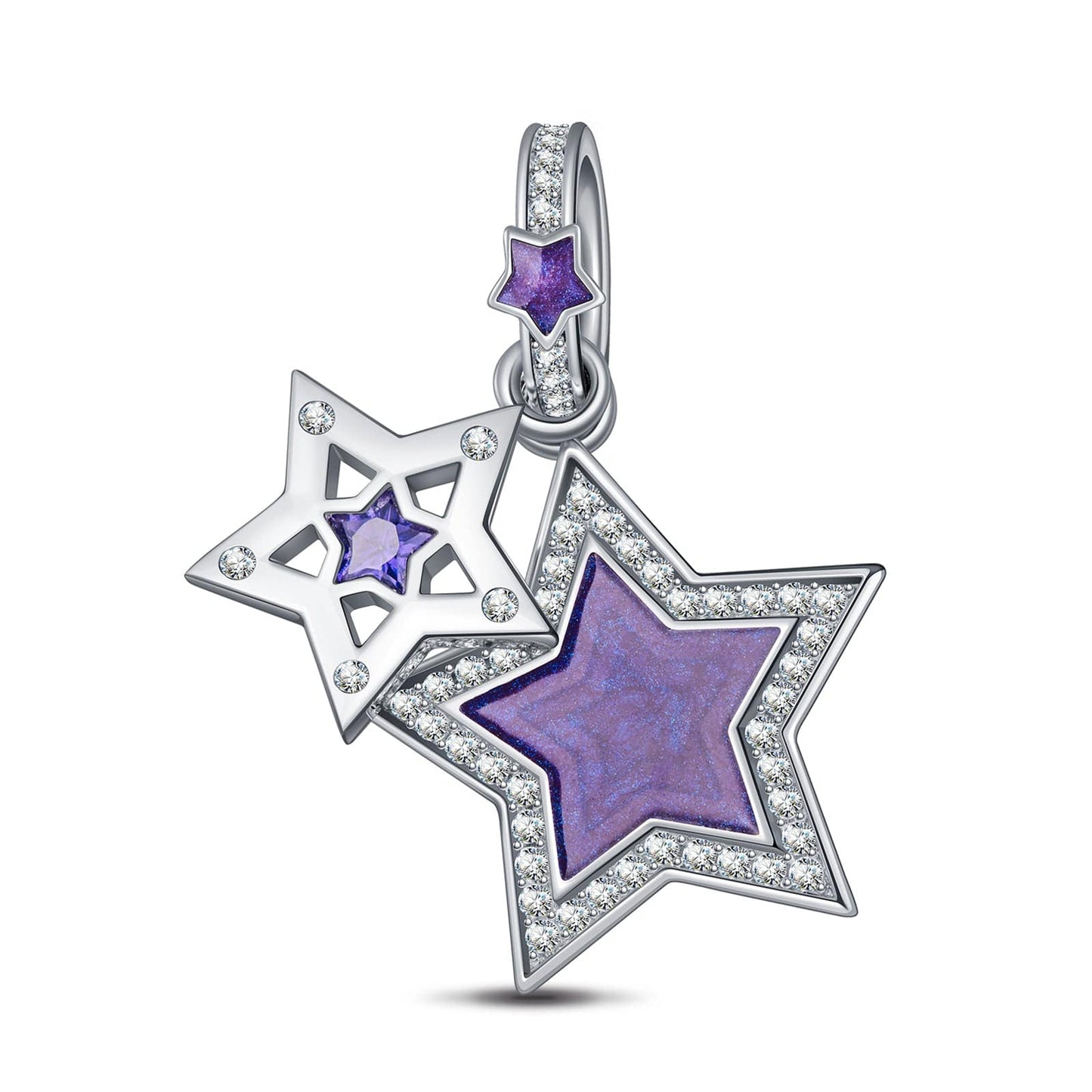Sterling Silver The Purple Star Dangle Charms With Enamel In White Gold Plated