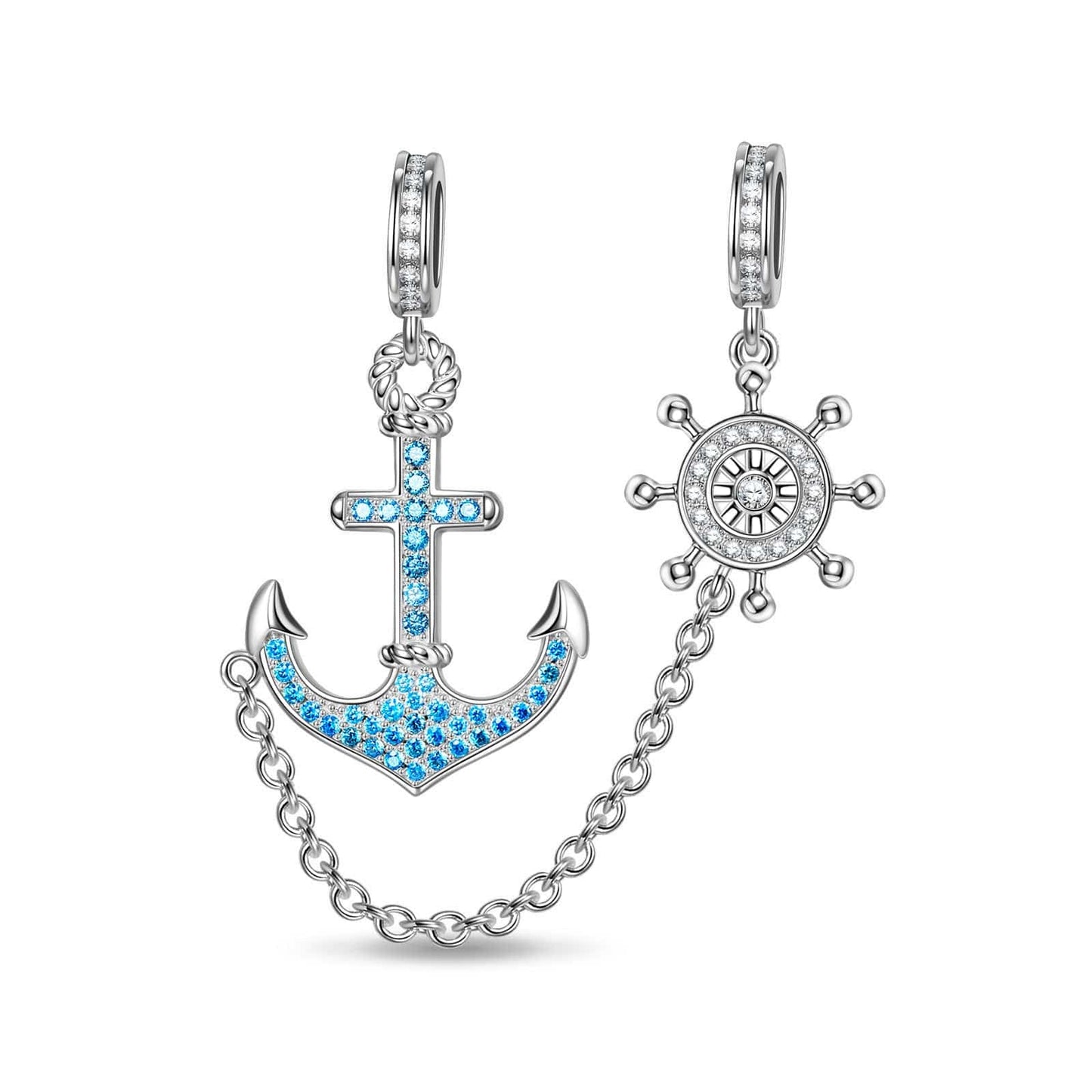Sterling Silver Anchor And Helm Dangle Charms In White Gold Plated