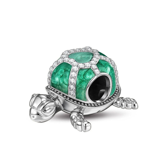 gon- Sterling Silver Cute Green Turtle Charms With Enamel In White Gold Plated