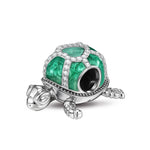 Sterling Silver Cute Green Turtle Charms With Enamel In White Gold Plated