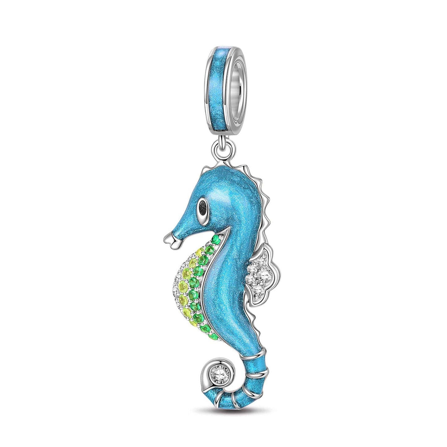 Sterling Silver Blue Seahorse Dangle Charms With Enamel In White Gold Plated