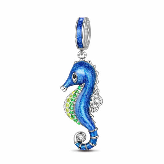 gon- Sterling Silver Blue Seahorse Dangle Charms With Enamel In White Gold Plated