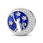 Sterling Silver Cat Picking Stars Charms With Enamel In White Gold Plated