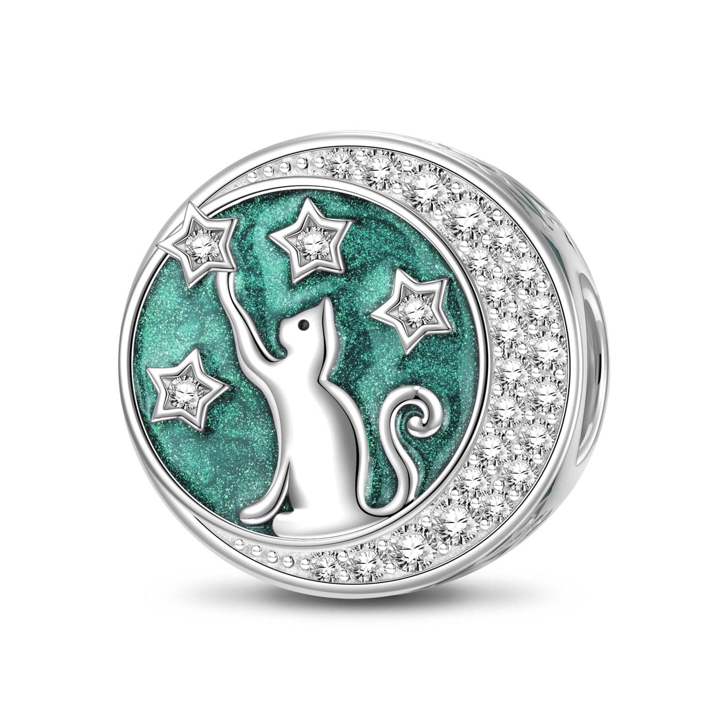 Sterling Silver Cat Picking Stars Charms With Enamel In White Gold Plated