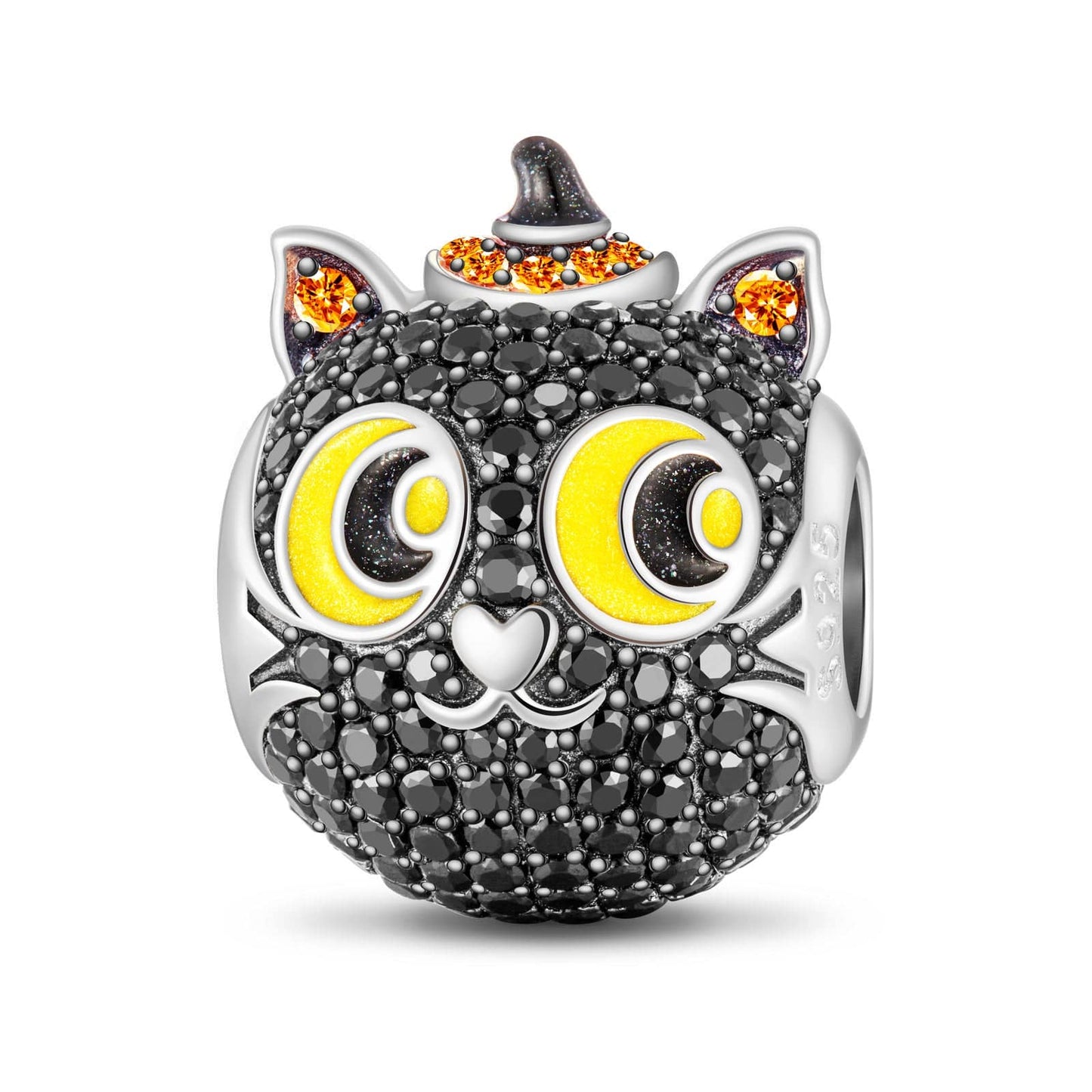 Sterling Silver Halloween Black Cat Charms With Enamel In White Gold Plated