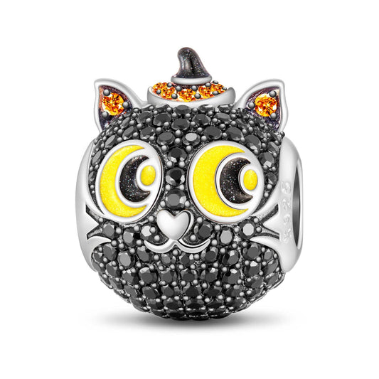 gon- Sterling Silver Halloween Black Cat Charms With Enamel In White Gold Plated