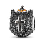 Sterling Silver Halloween Black Cat Charms With Enamel In White Gold Plated
