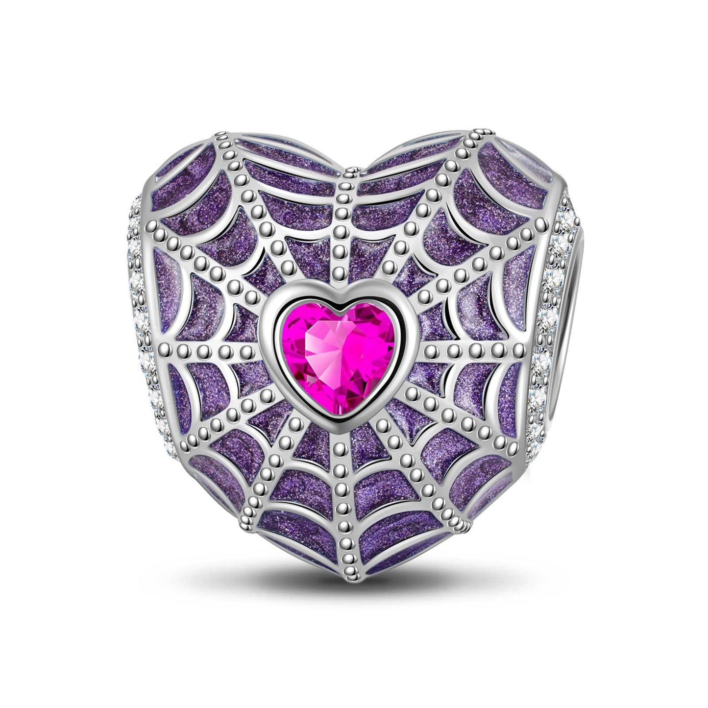 Sterling Silver Purple Spiderweb Charms With Enamel In White Gold Plated