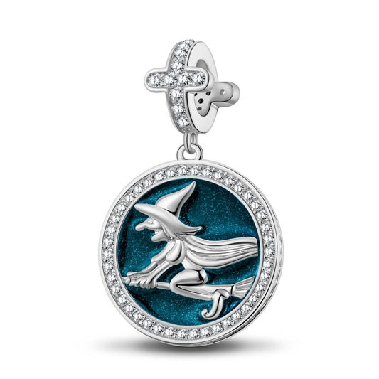 gon- Sterling Silver Witch On Broom Charms With Enamel In White Gold Plated