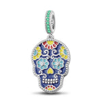 Sterling Silver Skull and Colorful Rose Charms With Enamel In White Gold Plated