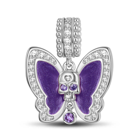 gon- Sterling Silver Skull And Purple Butterfly Charms With Enamel In White Gold Plated