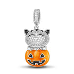 Sterling Silver Cute Pumpkin Cat Charms With Enamel In White Gold Plated