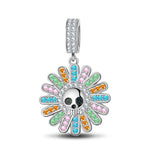 Sterling Silver Colorful Flowers And Skulls Charms With Enamel In White Gold Plated