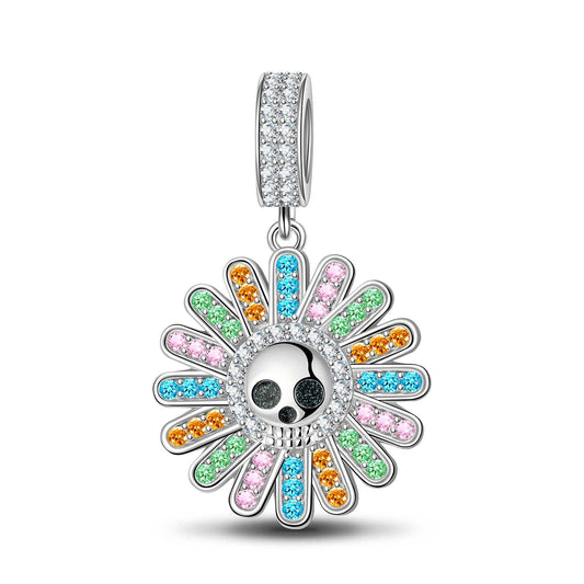 gon- Sterling Silver Colorful Flowers And Skulls Charms With Enamel In White Gold Plated