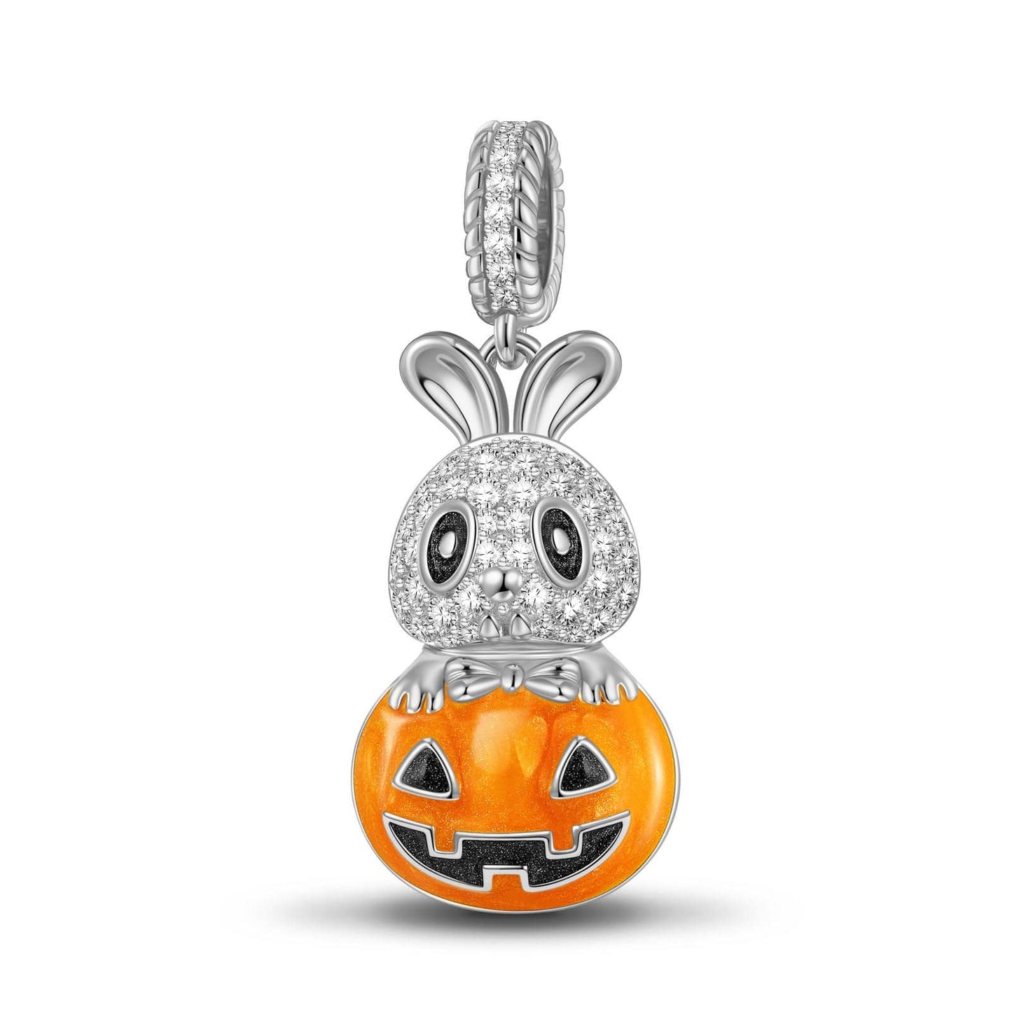 Sterling Silver Cute Pumpkin Bunny Charms With Enamel In White Gold Plated