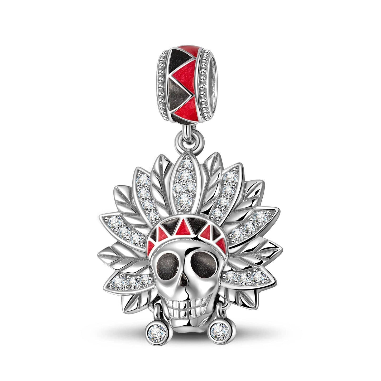 Sterling Silver Tribal Chief Skull Head Charms With Enamel In Blackened 925 Sterling Silver