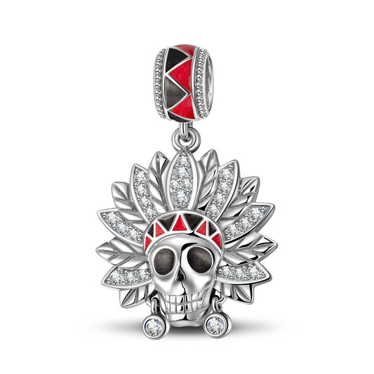 gon- Sterling Silver Tribal Chief Skull Head Charms With Enamel In Blackened 925 Sterling Silver