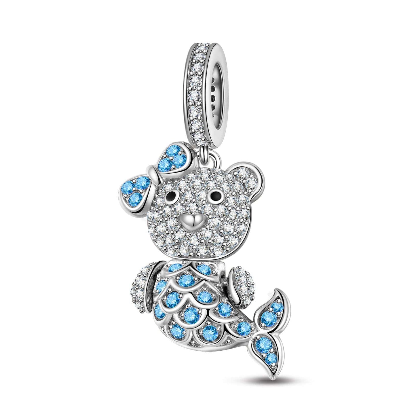 Sterling Silver Blue Mermaid Bear Dangle Charms With Enamel In White Gold Plated