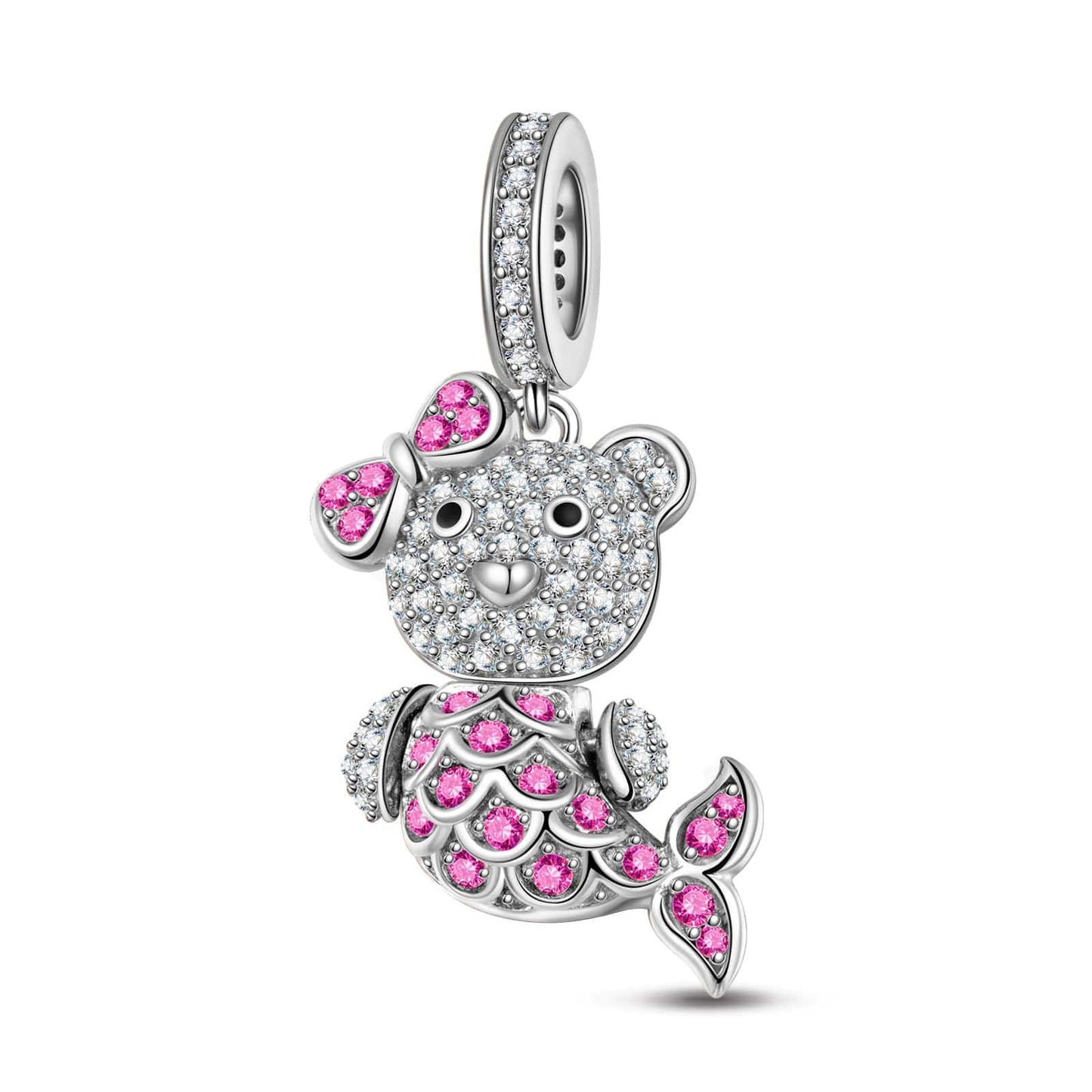Sterling Silver Pink Mermaid Bear Dangle Charms With Enamel In White Gold Plated