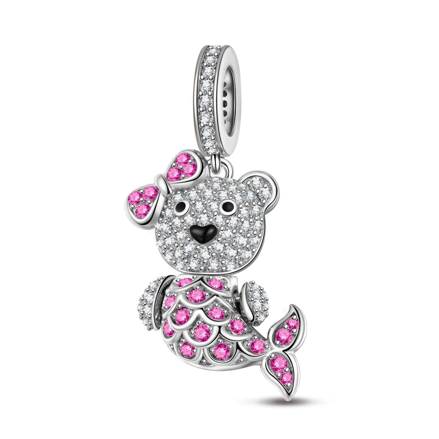 Sterling Silver Pink Mermaid Bear Dangle Charms With Enamel In White Gold Plated
