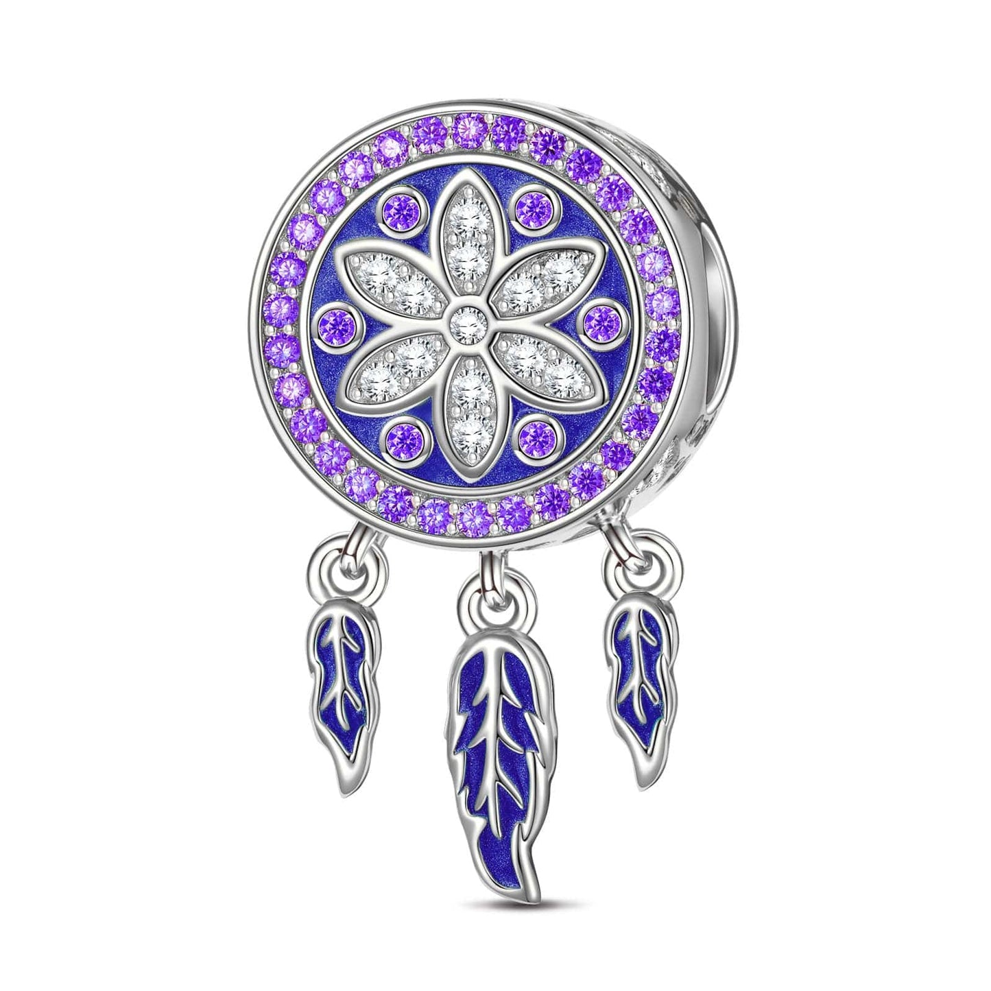 Sterling Silver Lake Blue Dreamcatcher Dangle Charms With Enamel In White Gold Plated