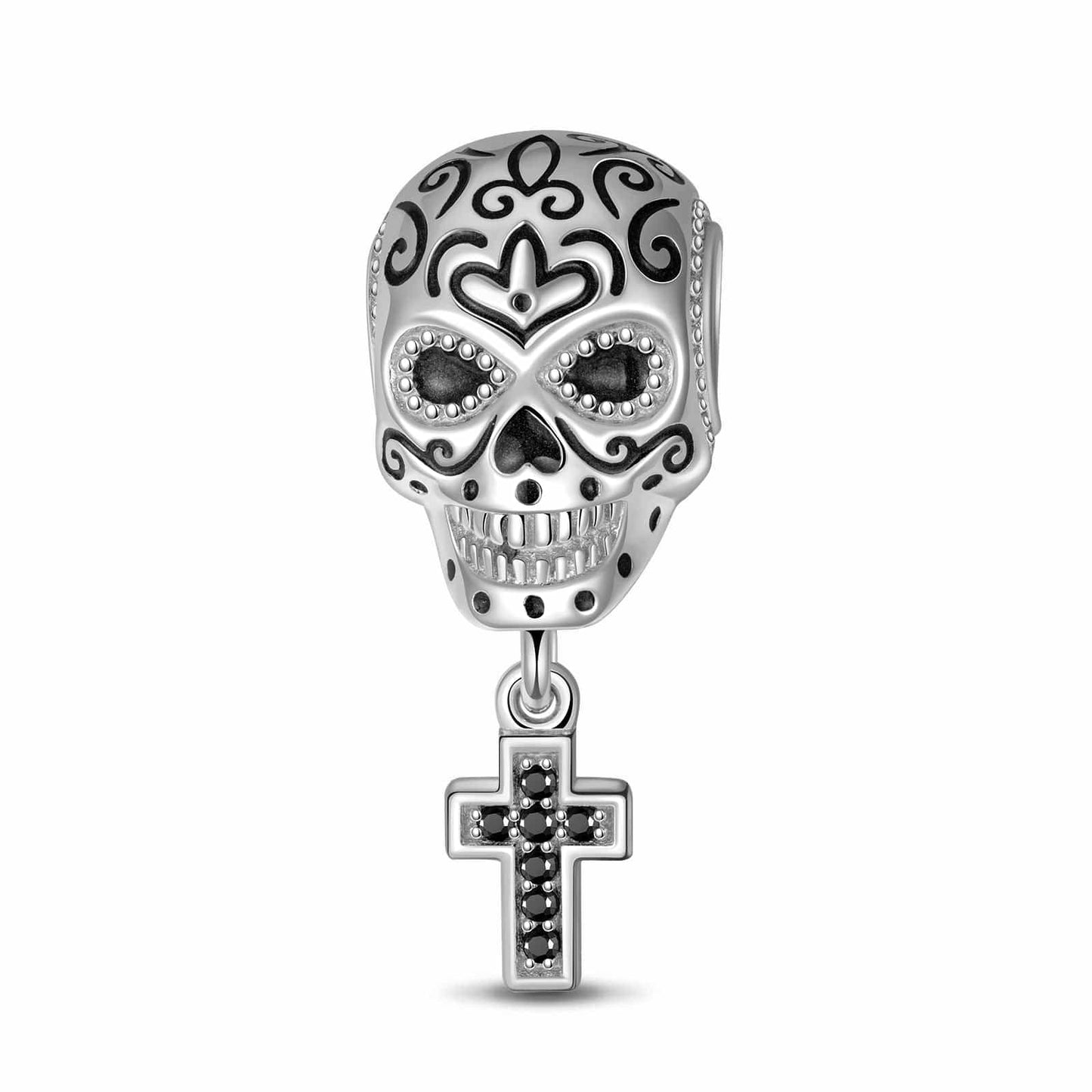 Sterling Silver Skull And Crossbones Charms With Enamel In White Gold Plated
