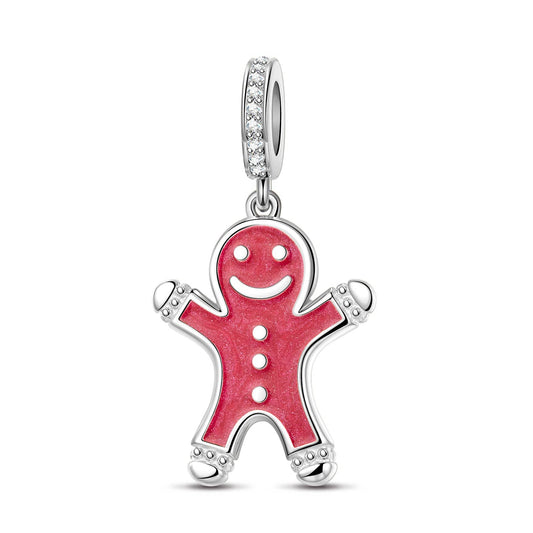 gon- Sterling Silver Embrace The Gingerbread Man Dangle Charms With Enamel In White Gold Plated