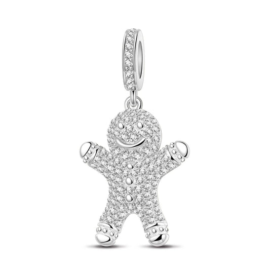 gon- Sterling Silver Embrace The Gingerbread Man Dangle Charms With Enamel In White Gold Plated