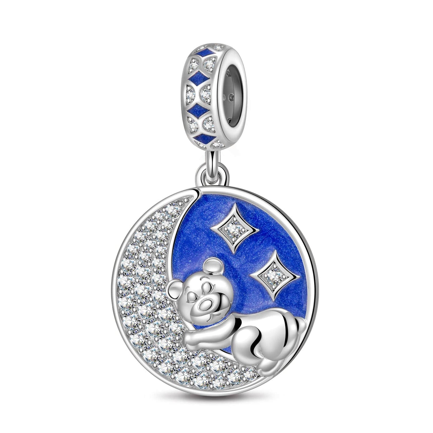 Sterling Silver Moon With Stars Dangle Charms With Enamel In White Gold Plated