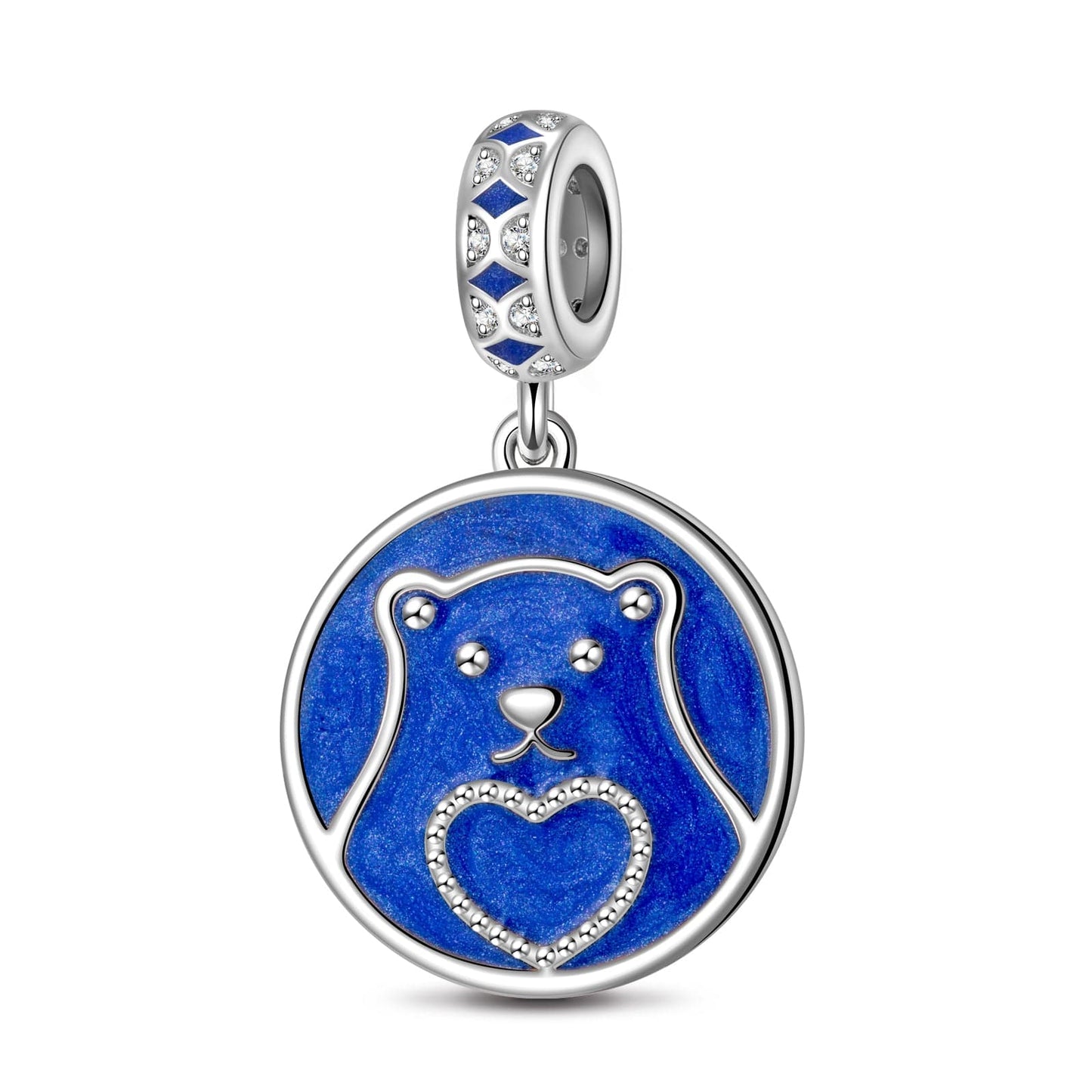 Sterling Silver Moon With Stars Dangle Charms With Enamel In White Gold Plated