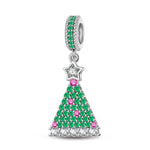 Sterling Silver Green Magical Christmas Tree Dangle Charms In White Gold Plated