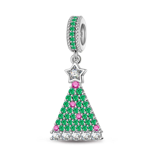 gon- Sterling Silver Green Magical Christmas Tree Dangle Charms In White Gold Plated