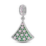 Sterling Silver Green Lucky Christmas Tree Dangle Charms With Enamel In White Gold Plated