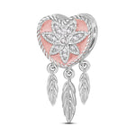 Sterling Silver Pink Water Lily Dreamcatcher Dangle Charms With Enamel In White Gold Plated