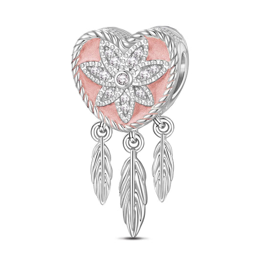 gon- Sterling Silver Pink Water Lily Dreamcatcher Dangle Charms With Enamel In White Gold Plated